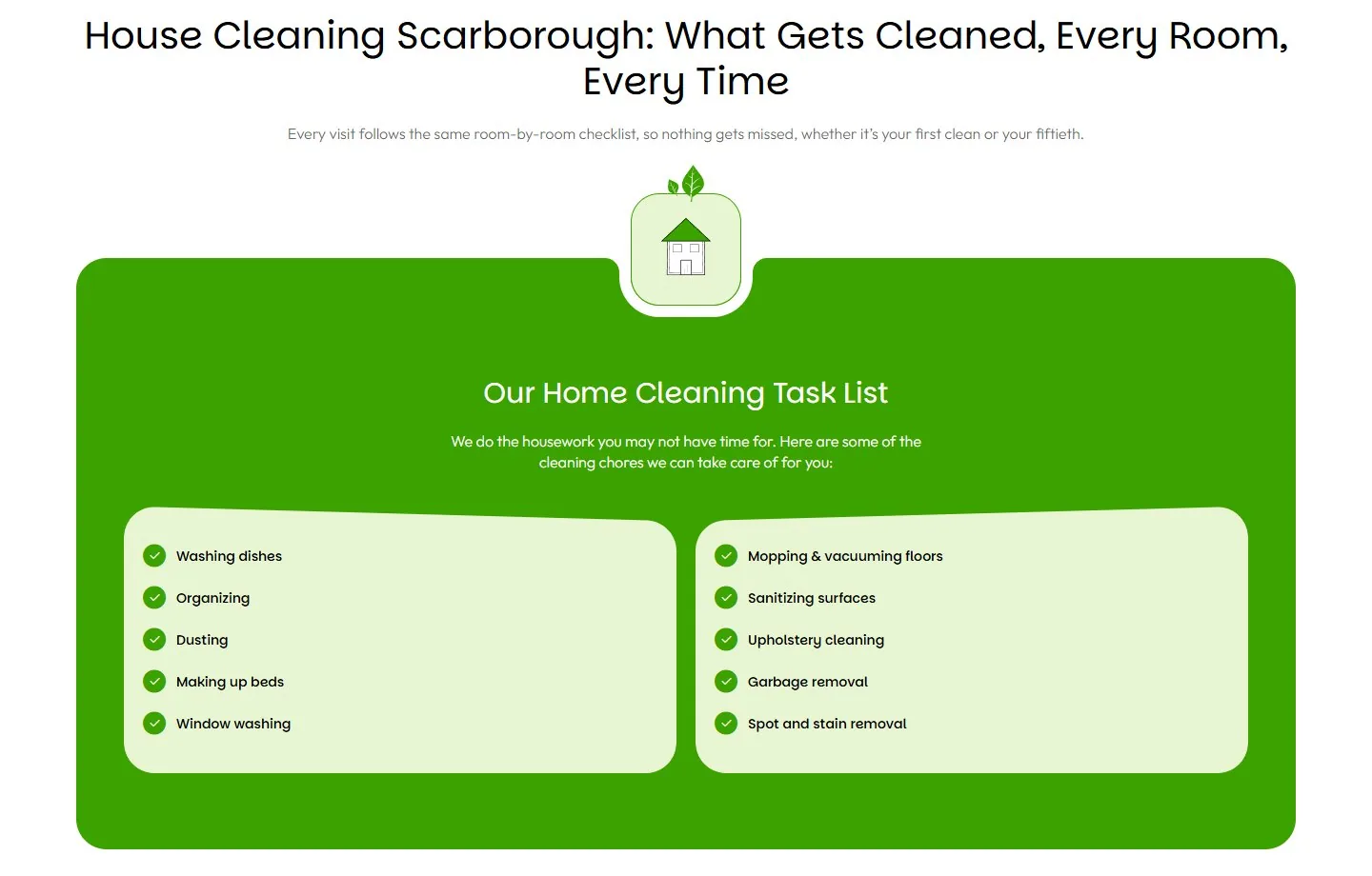 What gets cleaned task list on a house cleaning service page