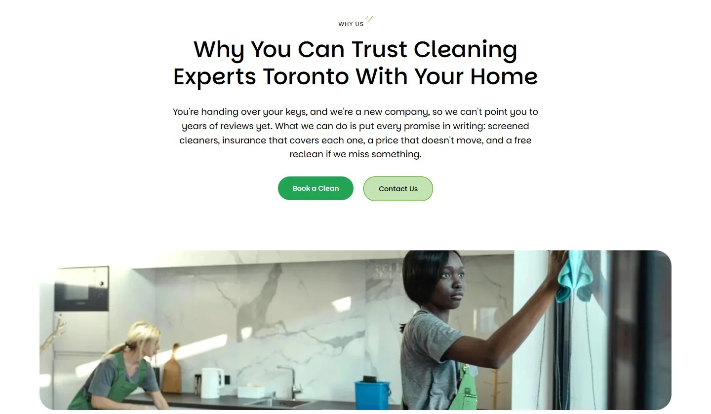 Why you can trust us page for a new cleaning company stating its promises in writing