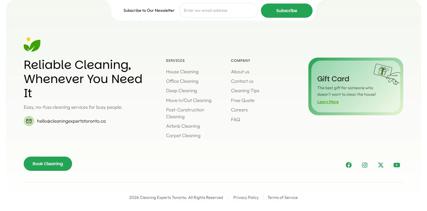 Footer of a cleaning company website with service links, company links, email and booking button