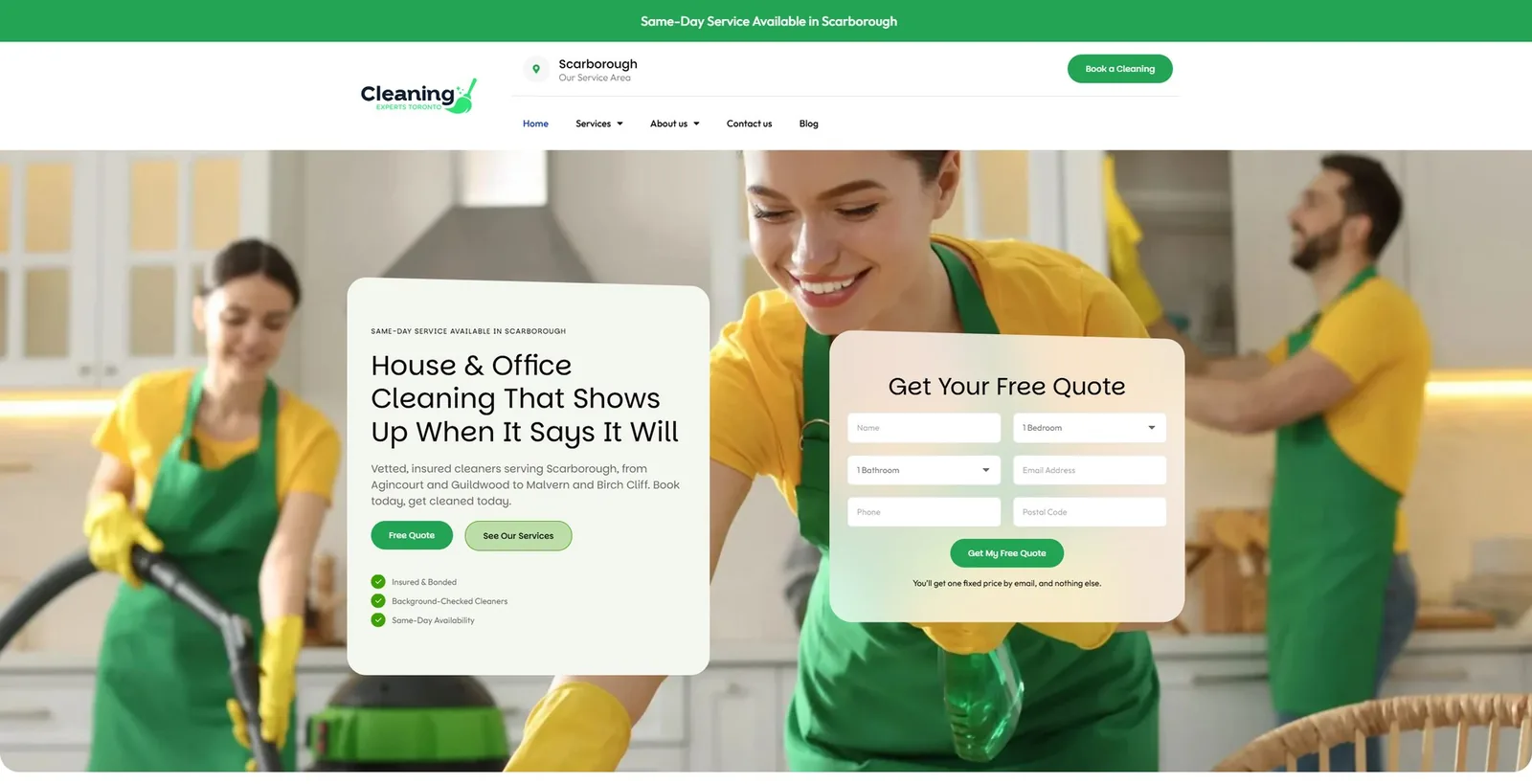 Local business website structure example: home page top bar, header and hero section of a Scarborough cleaning company website with a quote form