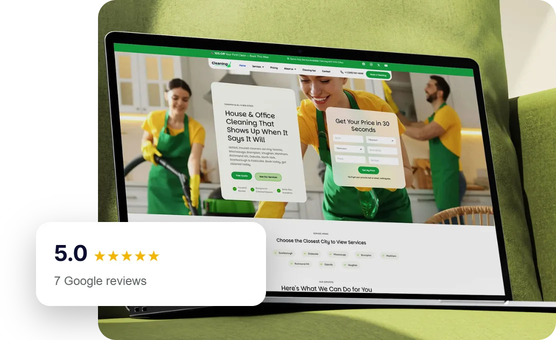 Cleaning Experts Toronto website shown on a laptop, with The Ant Firm's 5.0 Google rating.