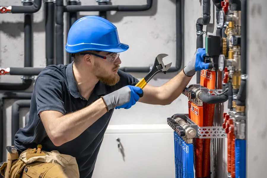 Technician tightening a fitting on a home heating system