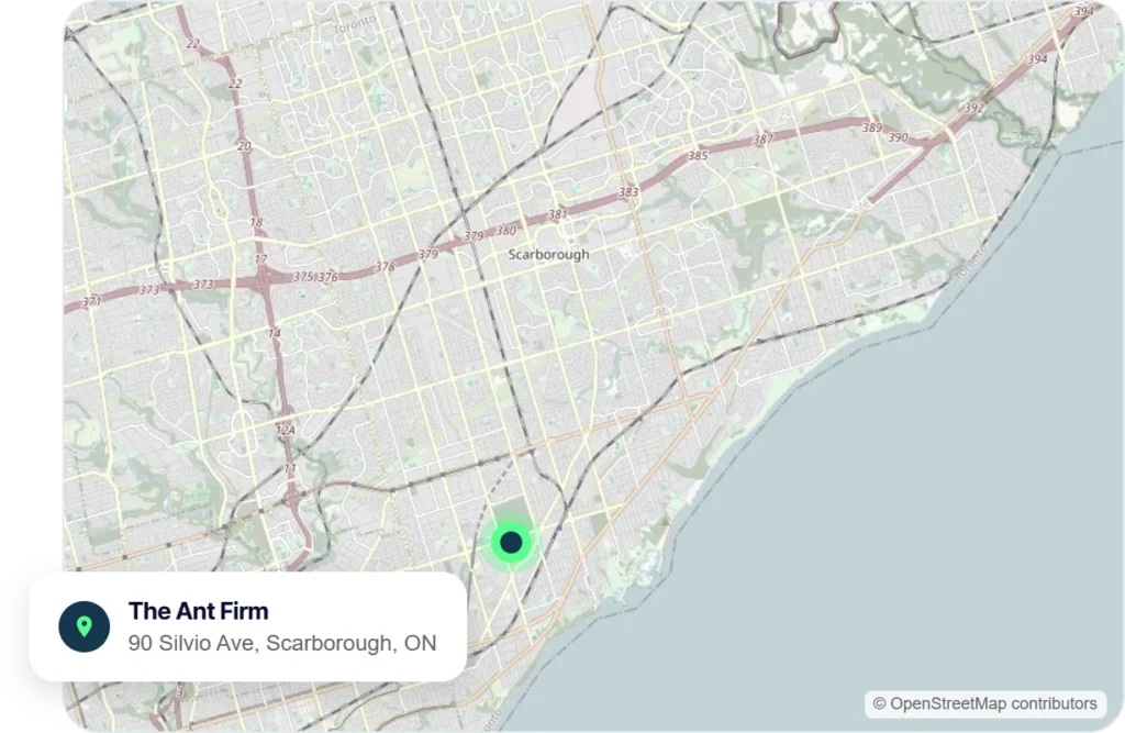 Map of Scarborough showing The Ant Firm at 90 Silvio Ave.